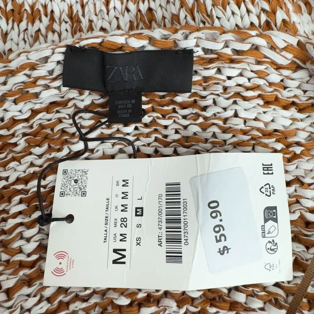 New Zara Combination Knit Peplum Puff Sleeve Top Women's Size Medium